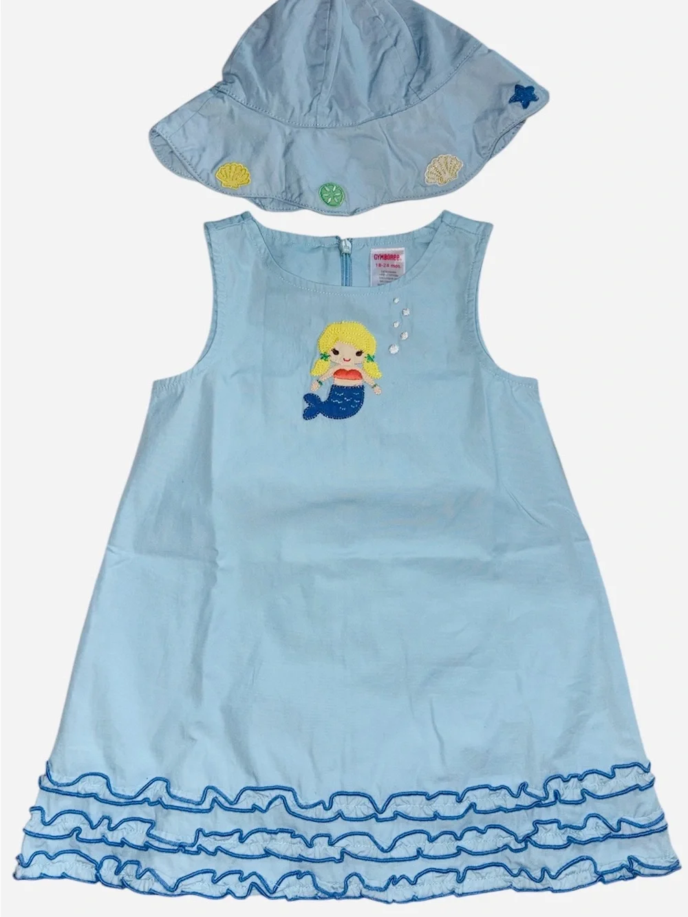 Gymboree Mermaid Magic Blue Cotton Sundress with Hat Set 18-24 mths Ruffle EUC